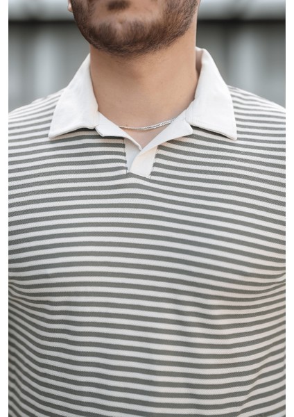Çizgili Örme Desenli Polo Yaka Erkek T-Shirt - Yeşil