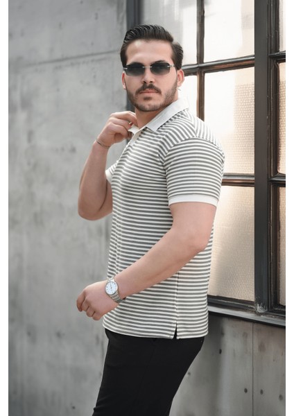 Çizgili Örme Desenli Polo Yaka Erkek T-Shirt - Yeşil