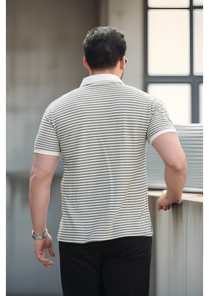 Çizgili Örme Desenli Polo Yaka Erkek T-Shirt - Yeşil