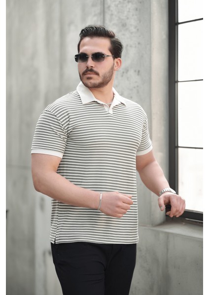 Çizgili Örme Desenli Polo Yaka Erkek T-Shirt - Yeşil