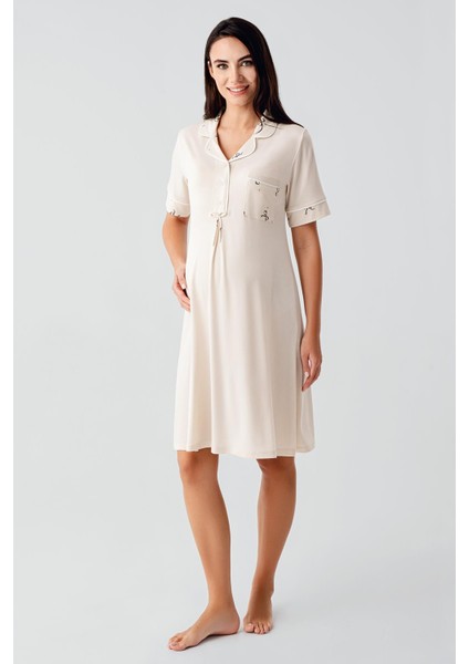 Kısa Kollu Fiyonk Desenli Düğmeli Kısa Esnek Viskoz Hamile Gecelik 17107