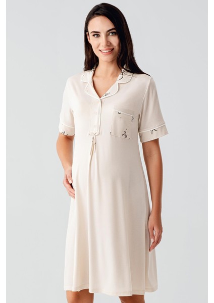 Kısa Kollu Fiyonk Desenli Düğmeli Kısa Esnek Viskoz Hamile Gecelik 17107 fiyatları