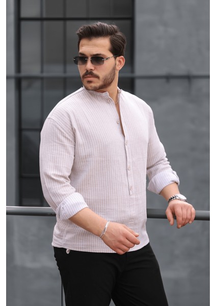Çizgili Müslin Kumaş Yarım Pat Erkek Gömlek - Bej
