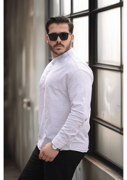 Yarım Pat Dik Şeritli Flam Keten Erkek Gömlek - Bej modelleri