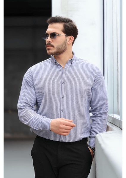 Çizgili Müslin Kumaş Yakalı Erkek Gömlek - Lacivert