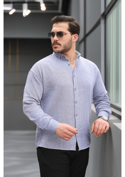 Çizgili Müslin Kumaş Yakalı Erkek Gömlek - Lacivert fiyatları