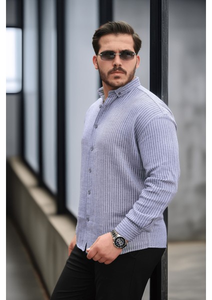 Çizgili Müslin Kumaş Yakalı Erkek Gömlek - Lacivert modelleri