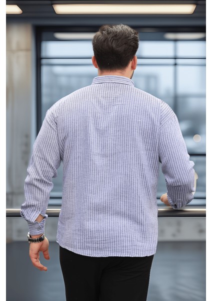 Çizgili Müslin Kumaş Yakalı Erkek Gömlek - Lacivert fırsatları
