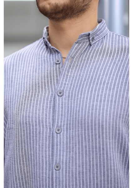 Çizgili Müslin Kumaş Yakalı Erkek Gömlek - Lacivert indirimleri