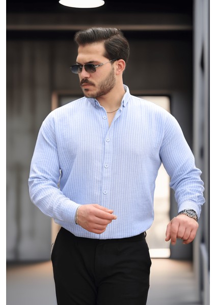 Çizgili Müslin Kumaş Erkek Gömlek Mavi Klasik Fit Business Tarzı Uzun Kol