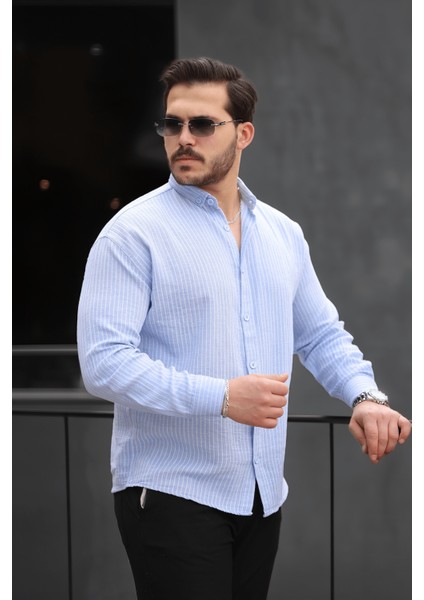 Çizgili Müslin Kumaş Erkek Gömlek Mavi Klasik Fit Business Tarzı Uzun Kol fiyatları