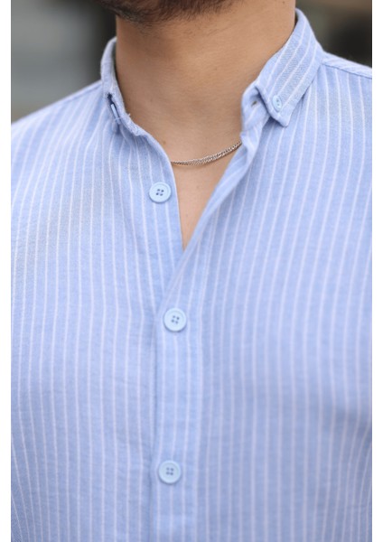 Çizgili Müslin Kumaş Erkek Gömlek Mavi Klasik Fit Business Tarzı Uzun Kol modelleri