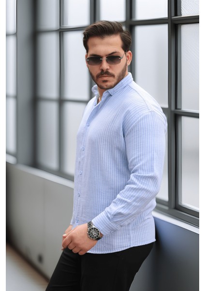 Çizgili Müslin Kumaş Erkek Gömlek Mavi Klasik Fit Business Tarzı Uzun Kol fırsatları