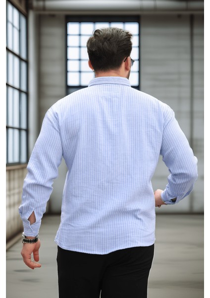 Çizgili Müslin Kumaş Erkek Gömlek Mavi Klasik Fit Business Tarzı Uzun Kol indirimleri
