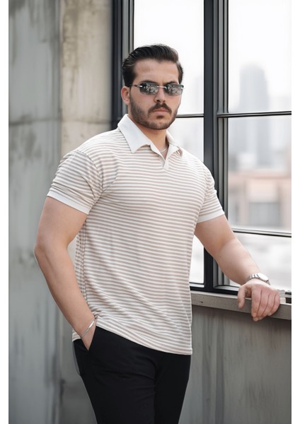 Çizgili Örme Desenli Polo Yaka Erkek T-Shirt - Bej