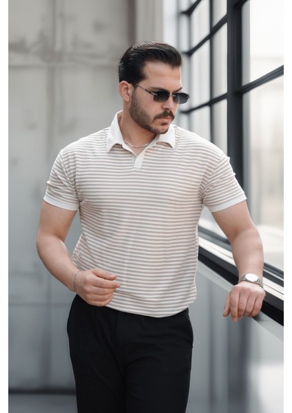 Çizgili Örme Desenli Polo Yaka Erkek T-Shirt - Bej