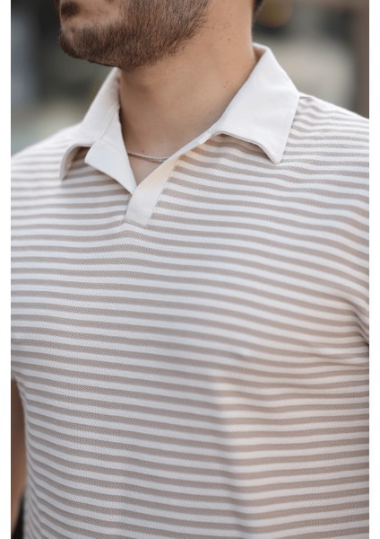 Çizgili Örme Desenli Polo Yaka Erkek T-Shirt - Bej