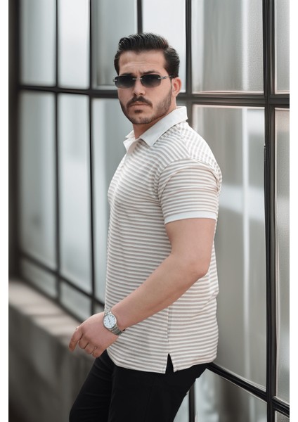 Çizgili Örme Desenli Polo Yaka Erkek T-Shirt - Bej