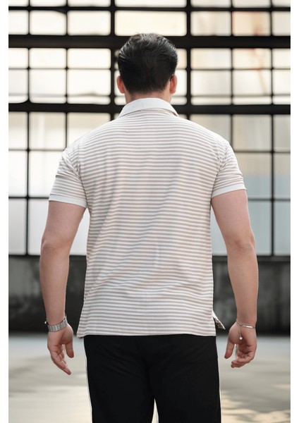 Çizgili Örme Desenli Polo Yaka Erkek T-Shirt - Bej