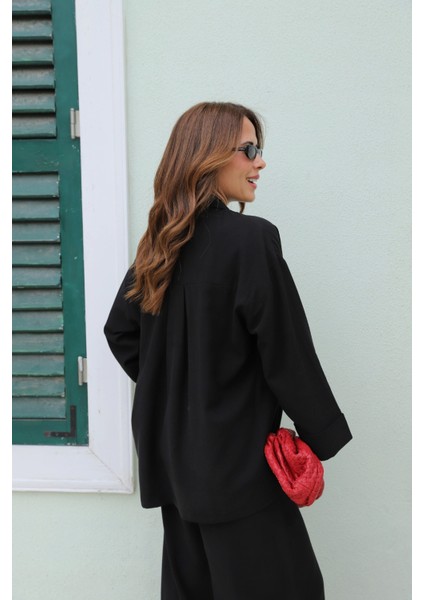 Siyah Oversize Düğme Detay Ceket modelleri