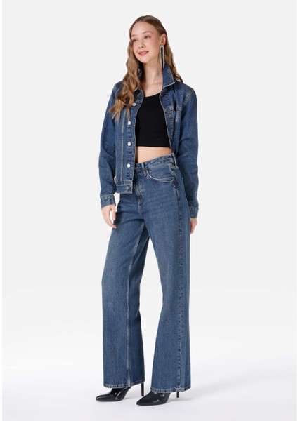 Regular Fit Yüksek Bel Geniş Paça Mavi Kadın Pantolon