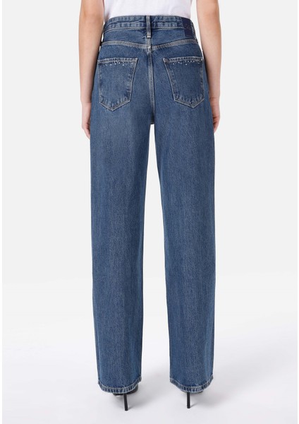 Regular Fit Yüksek Bel Geniş Paça Mavi Kadın Pantolon