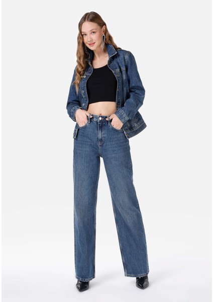 Regular Fit Yüksek Bel Geniş Paça Mavi Kadın Pantolon