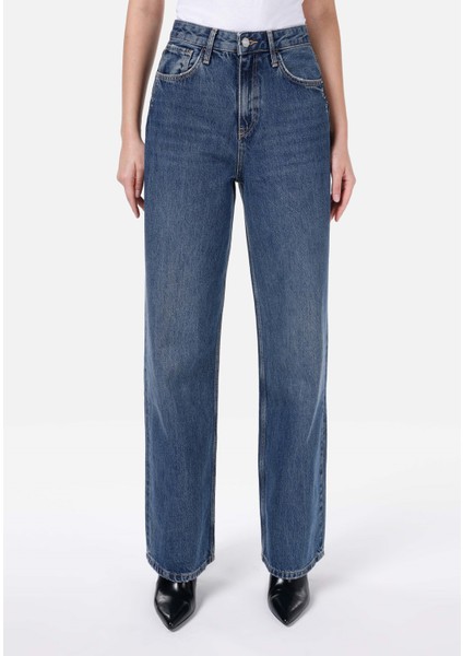 Regular Fit Yüksek Bel Geniş Paça Mavi Kadın Pantolon