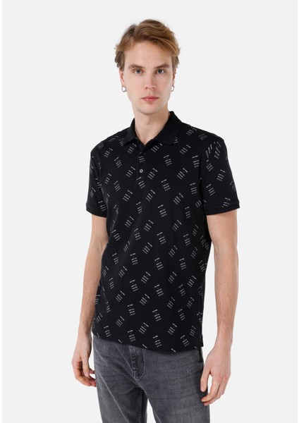 Regular Fit Polo Yaka Baskılı Erkek Siyah Kısa Kol Tişört