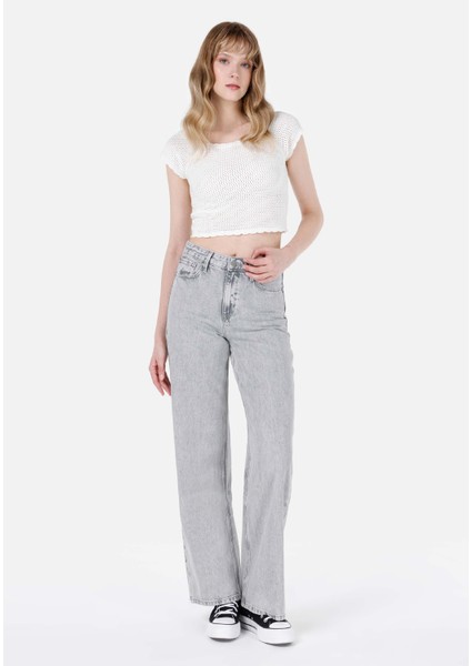Regular Fit Yüksel Bel Geniş Paça Kadın Gri Jean Pantolon