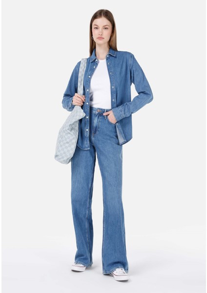 Regular Fit Yüksel Bel Geniş Paça Kadın İndigo Jean Pantolon