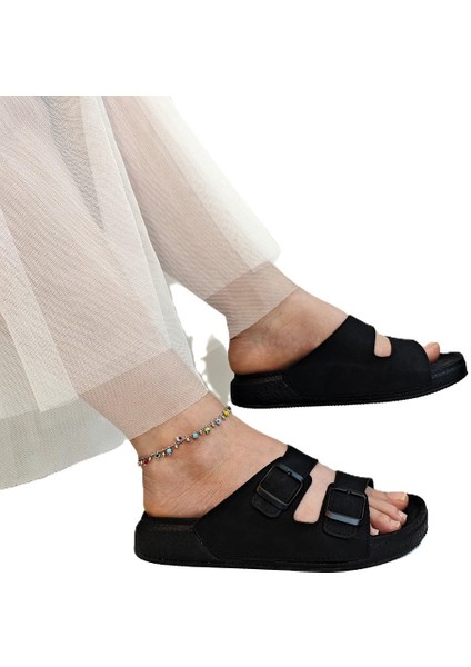 7410 Siyah Çift Tokalı Yumuşak Taban Rahat Terlik
