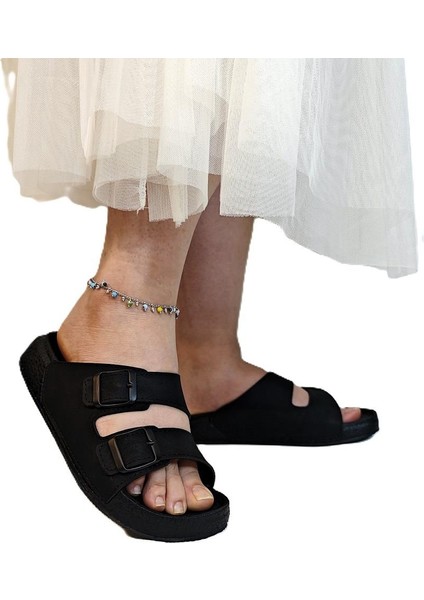 7410 Siyah Çift Tokalı Yumuşak Taban Rahat Terlik modelleri