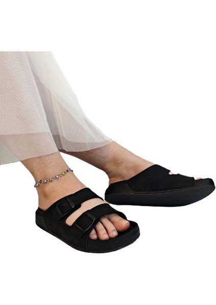 7410 Siyah Çift Tokalı Yumuşak Taban Rahat Terlik fırsatları