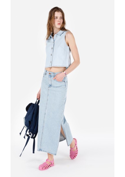 Slim Fit Düz Fermuarlı Kadın Mavi Etek modelleri