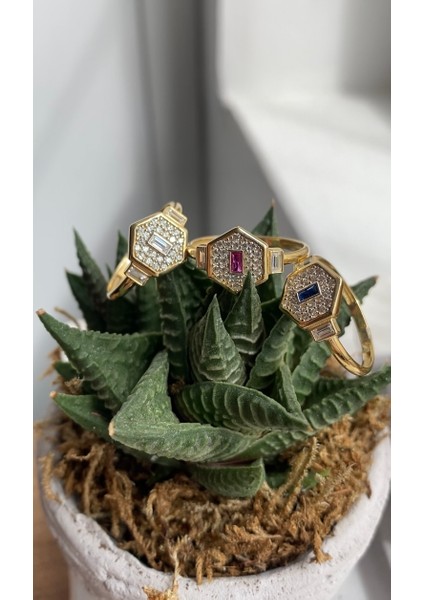 14 Ayar Asimetrik Altıgen Işıltılı Renkli Taşlı Yüzük fiyatları