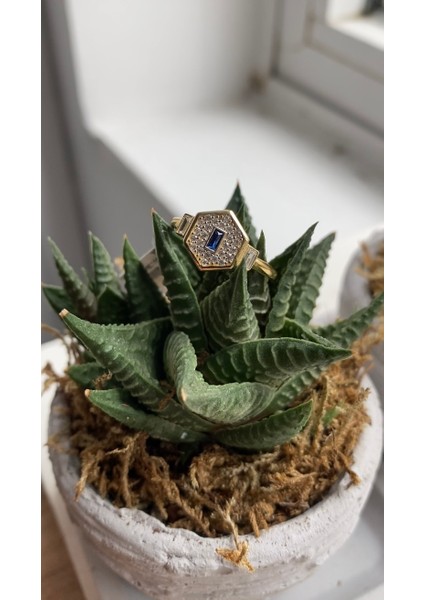 14 Ayar Asimetrik Altıgen Işıltılı Renkli Taşlı Yüzük