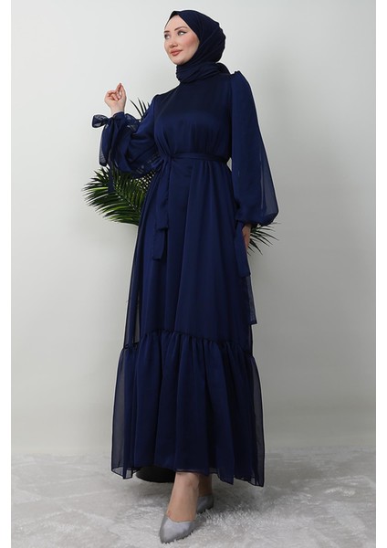 Fırfır Detay Janjan Elbise Lacivert