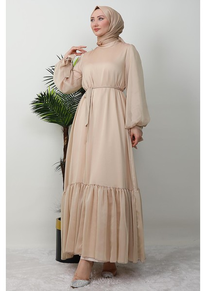 Fırfır Detay Janjan Elbise Yansımalı Gold