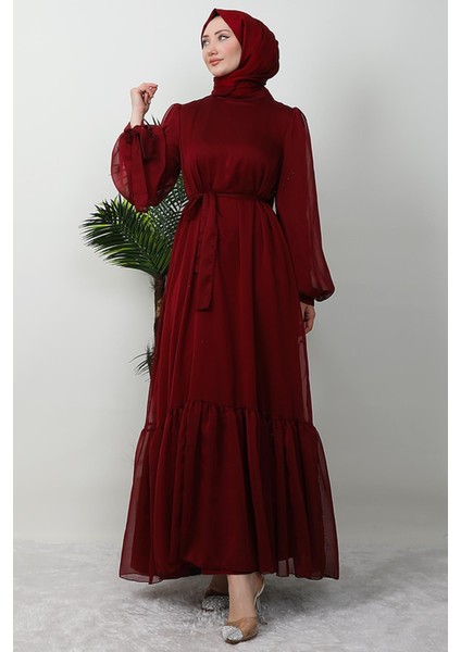 Fırfır Detay Janjan Elbise Bordo