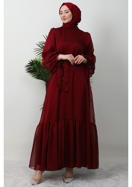 Fırfır Detay Janjan Elbise Bordo fiyatları