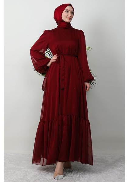 Fırfır Detay Janjan Elbise Bordo modelleri