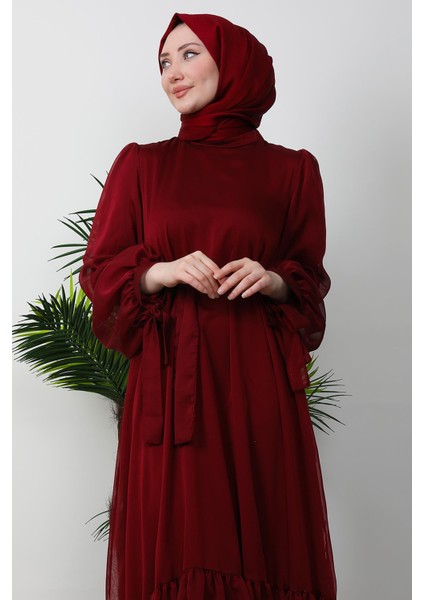 Fırfır Detay Janjan Elbise Bordo indirimleri