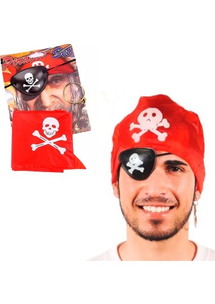 Korsan Bandana Korsan Göz Maskesi ve Korsan Küpesi 3 lü Kostüm Seti