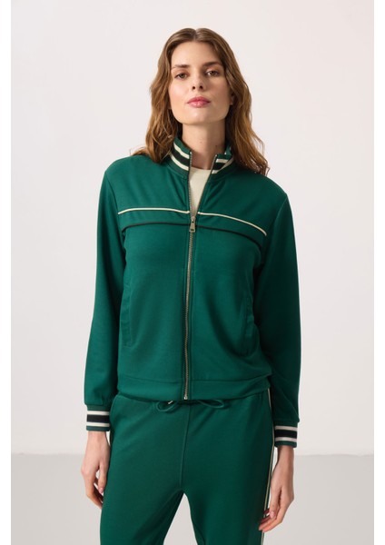 Yeşil Yumuşak Dokulu Triko Dik Yaka Oversize Kadın Eşofman Takım - 95350