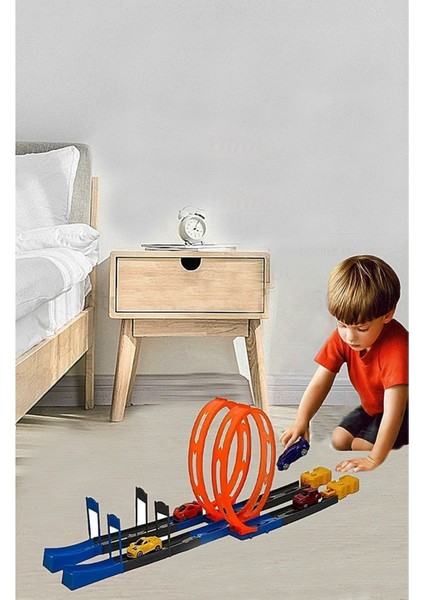 Fırlatma Rampalı Akrobasi Atlayış Pisti Oyuncak Araba Yarış Yol Pisti 4 Arabalı