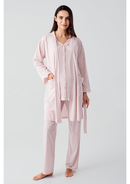 Kısa Kollu Düğmeli Pamuklu Hamile Sabahlık Pijama Takım 17300