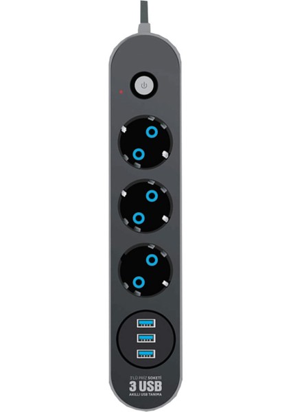Ensiga Akım Korumalı Grup Priz 3 Lü ve 3'lü USB Şarj Portu 2500 Watt Akım-Korumalı-Usb-Priz- 2 Metre