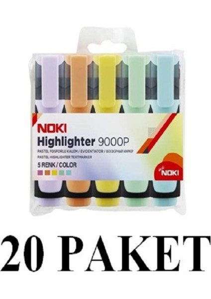 20 Paket Fosforlu Pastel Kalem 5'li 9000P5PVC
