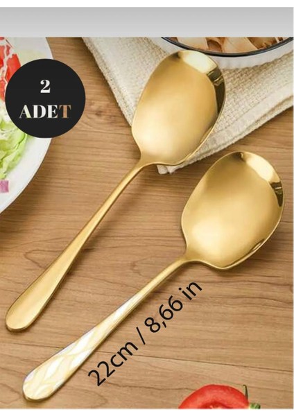 2 Adet Gold Lüks Servis Sunum Pilav Salata ve Tatlı Servis Kaşığı Paslanmaz Çelik Gold Parlak 21CM